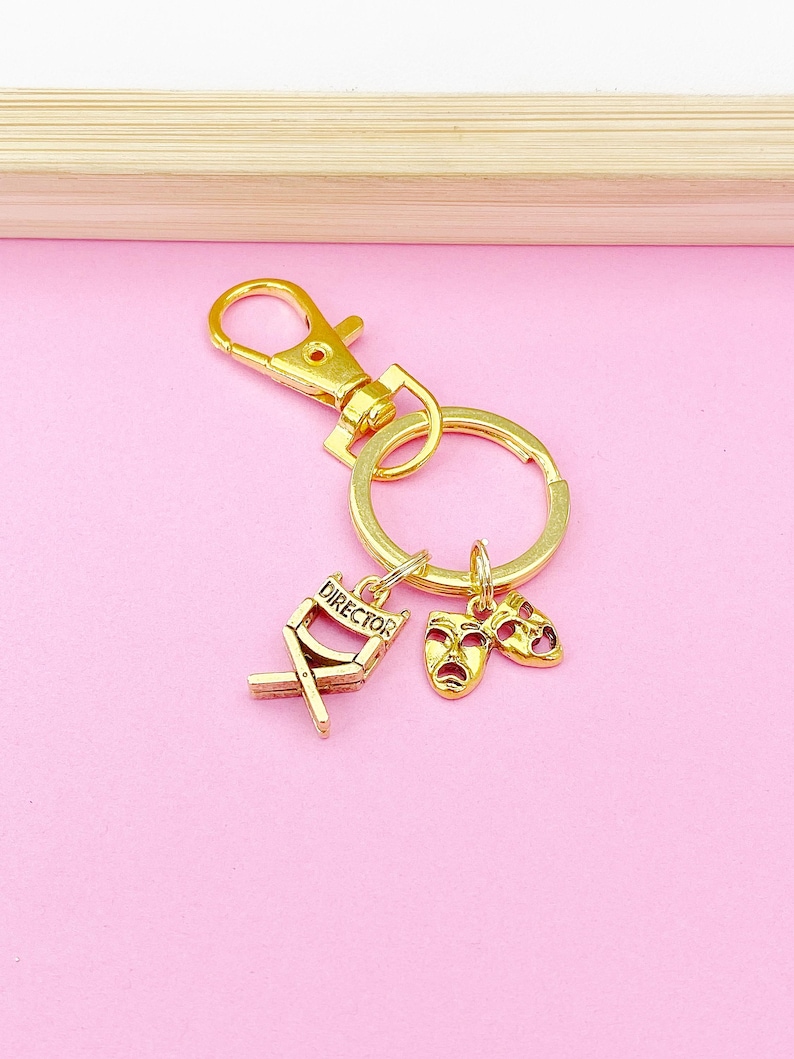 Gold Director Chair Drama Mask Charm Keychain, Theater Director Charm