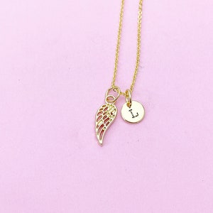 Gold Guardian Angel Wing Charm Necklace, Personalized Customized Monogram Gift, N1547D