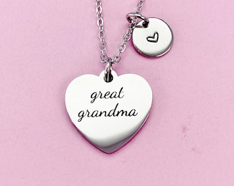 May include: Silver necklace with a heart pendant that says "great grandma" and a small charm with a heart on it.