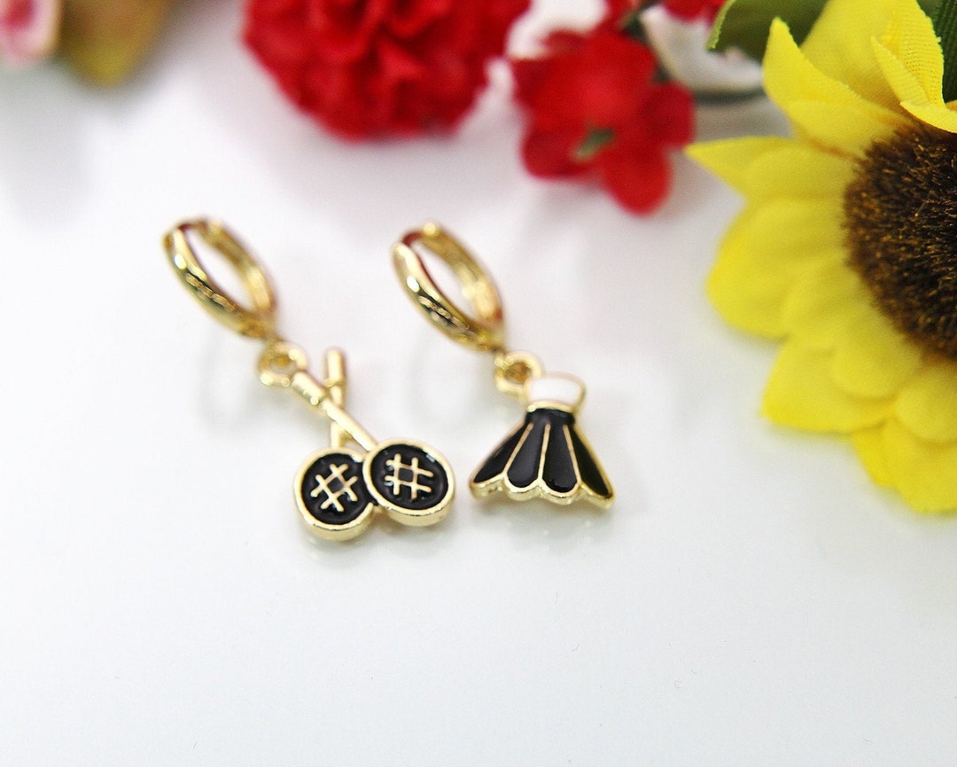 Gold Badminton Earrings, Tennis Racket Earrings, Birdie, Shuttlecock