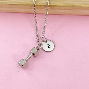 Silver Dumbbell Charm Necklace, Stainless Steel Dumbbell Necklace, Personalized Christmas Gift, N896