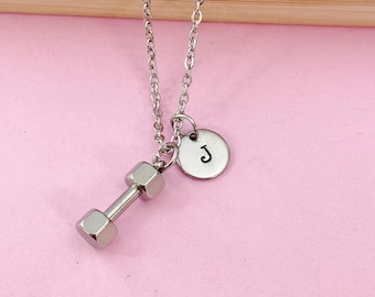 Stainless Steel Dumbbell Necklace, Personalized Initial Charm