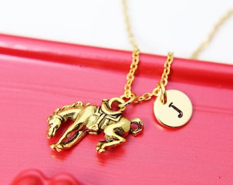 Bucking Bronco Necklace, Gold Bucking Bronco Charm, Horse Charm Necklace, Animal Charm, Cowboy Gift, Cowgirl Gift, Christmas Gift, N419