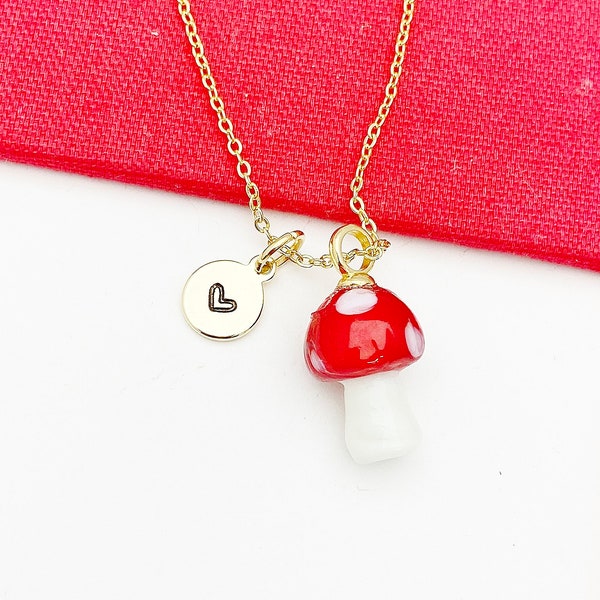 Mushroom Necklace, Red Mushroom Charm, Valentine Gift, Birthday Gift, Personized Initial Necklace, N5037