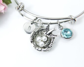 Bird Nest Charm Bangle, Bird Nest Bracelet, Bird Nest Charm, Mother Gift, Bird Charm, Nest Charm, Christmas Gift, Personalized Initial, B278