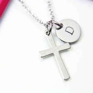 Silver Cross Charm Necklace, Stainless Steel Cross Necklace, Personalized Custom Monogram, N2343