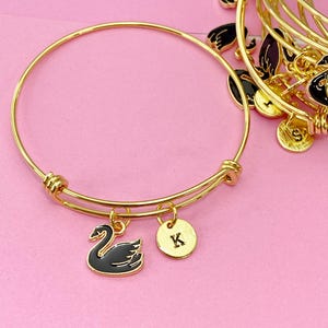 Gold Swan Charm Bracelet, Black Big Bird Swan Charm, N5039
