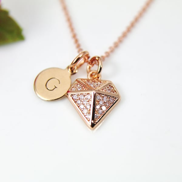 Rose Gold Diamond Charm Necklace, Diamond Shaped Charm, Dainty Necklace, Delicate Jewelry, Minimal Necklace, Modern Necklace, RG070