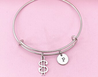 Silver Money Dollar Sign Charm Bracelet, Money Dollar Symbol Rich, N4621A