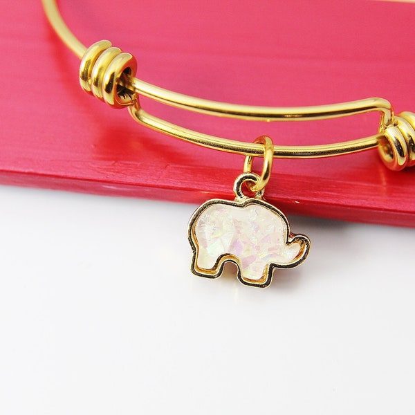 Gold Elephant Charm Bracelet, Opal Elephant Charm, White Imitation Opal Charm, Elephant Jewelry, Personalized Gift, N1446