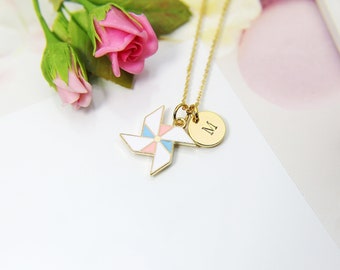 Best Christmas Gift, Gold Pink Pinwheel Necklace, Windmill Charm, Hand Stamped Personalized Initial or Zodiac Constellations Gift, N2197