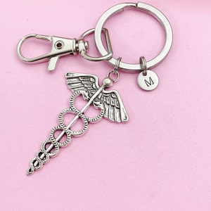 Silver Caduceus Charm Keychain Doctor Nurse Medical School Student Gift Idea, Personalized Customized Jewelry, BN2222