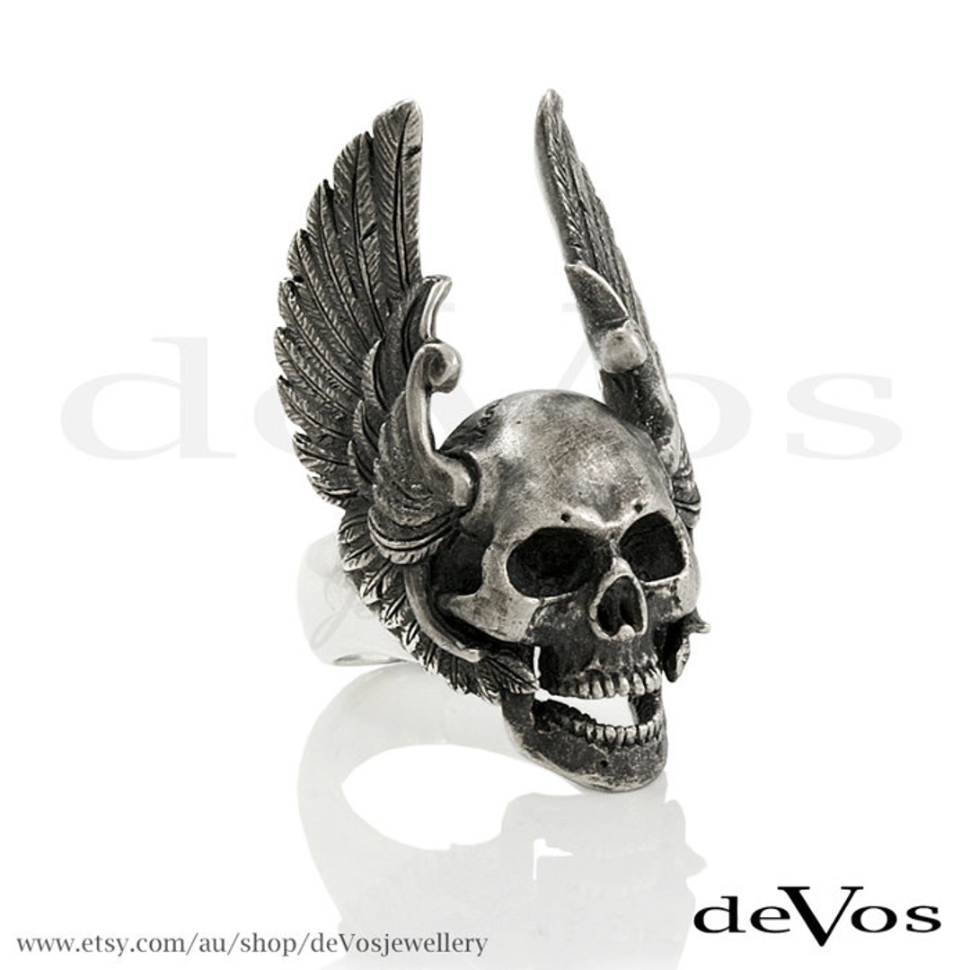 Skull Ring Winged Skull Ring weathered Finish Etsy UK
