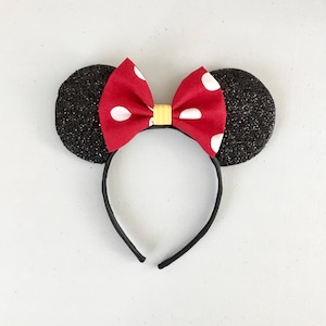 Minnie Mouse Ears Headband: Red Polka Dot Bow, Black Sparkle Ears