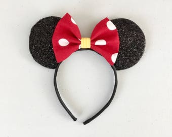 Minnie Mouse ears; Minnie Mouse headband; Red polka dot fabric bow on black sparkle Minnie Mouse ears headband; Minnie Mouse costume