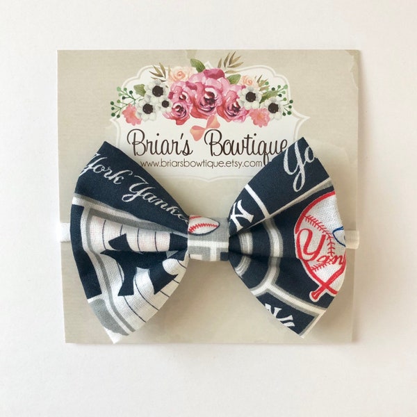 New York Yankees Bow headband or hair clip; Baseball bow; Yankees fabric bow on a white nylon headband or hair clip; Yankee bow; baby, girl