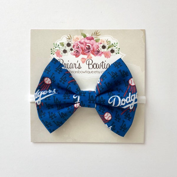 Los Angeles Dodgers Bow headband or hair clip; Baseball bow; Dodgers fabric bow on white nylon headband or hair clip; Dodger bow; baby, girl