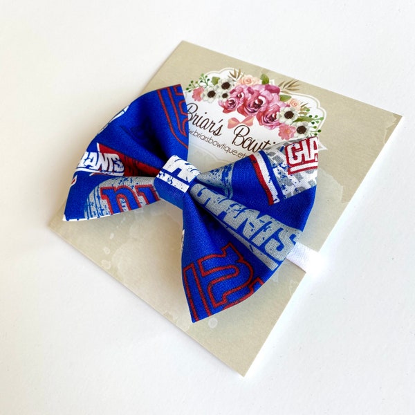 New York Giants bow headband or hair clip; football bow; Giants fabric bow on white nylon headband or clip; NY Giants; baby, toddler, girl