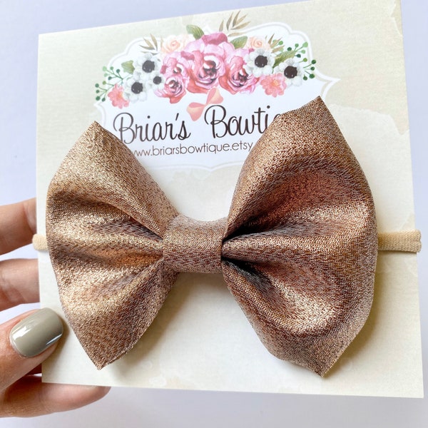 Rose Gold bow headband or hair clip; Rose gold bow headband; nylon headband hair bow; baby bow; Rose gold headband; newborn, toddler, girl