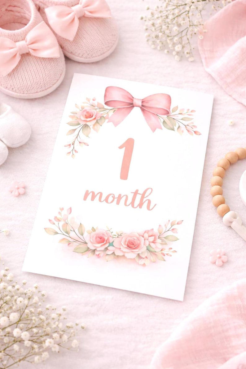 Pink Floral Baby Girl Milestone Cards, Monthly Photo Prop (digital ...