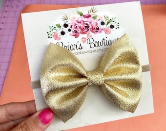 Gold Fabric Bow Headband or Alligator Clip: Baby, Toddler, Girl