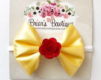 Princess Belle Bow: Yellow Fabric Bow with Red Rose - Headband or Clip
