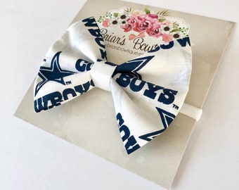 Dallas Cowboys bow headband or hair clip; football bow; Cowboys fabric bow on a white nylon headband or clip; Team bow; baby, toddler, girl