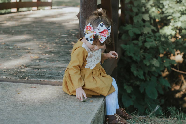 Big bow headband Floral print headband mustard yellow pink bow floral bow headband baby headband baby headwrap baby, toddler, girl image 8