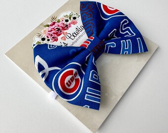 Chicago Cubs Bow headband or hair clip; Baseball bow; Cubs fabric bow on a white nylon headband or hair clip; Cubs bow; baby, girl, MLB bow