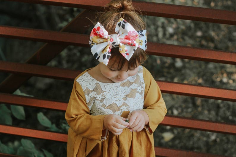 Big bow headband Floral print headband mustard yellow pink bow floral bow headband baby headband baby headwrap baby, toddler, girl image 1