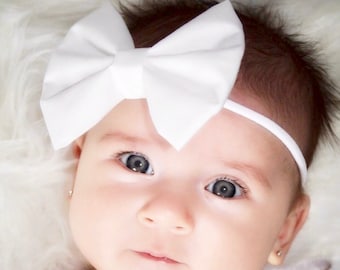 White Fabric Bow Headband or Clip: Newborn to Child