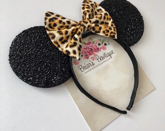 Leopard print Minnie Mouse ears; Leopard print bow on black sparkle Mouse ears; Animal print Mouse ears; Cheetah Minnie Mouse; Minnie ears