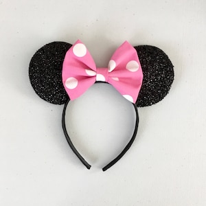 Minnie Mouse Ears: Pink Polka Dot Bow, Black Sparkle Headband