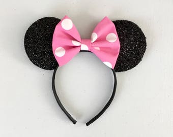 Minnie Mouse ears; Minnie Mouse headband; Pink polka dot fabric bow on black sparkle Minnie Mouse ears headband; Minnie Mouse costume