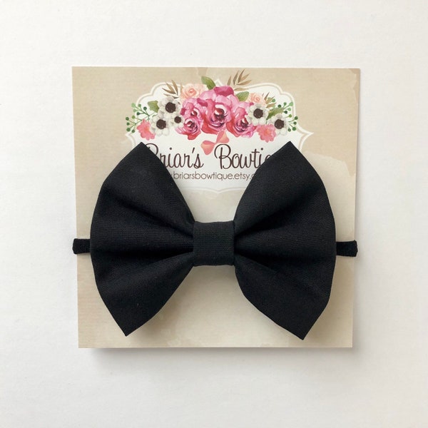 Black bow headband or hair clip; baby bow headband; nylon headband; fabric bow; newborn headband; baby girl gift; baby, toddler, or girl