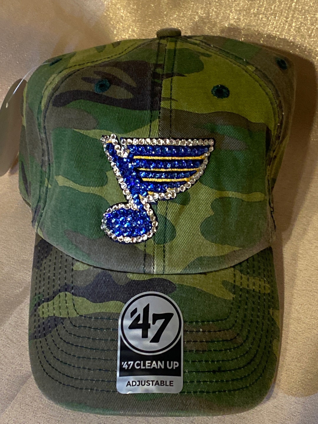 Classic Camo STL Blues Bling Baseball Dad Hat Blue Crystals Blinged Camo St. Louis Blues Blue Note Baseball Hat, Hand  main image 3