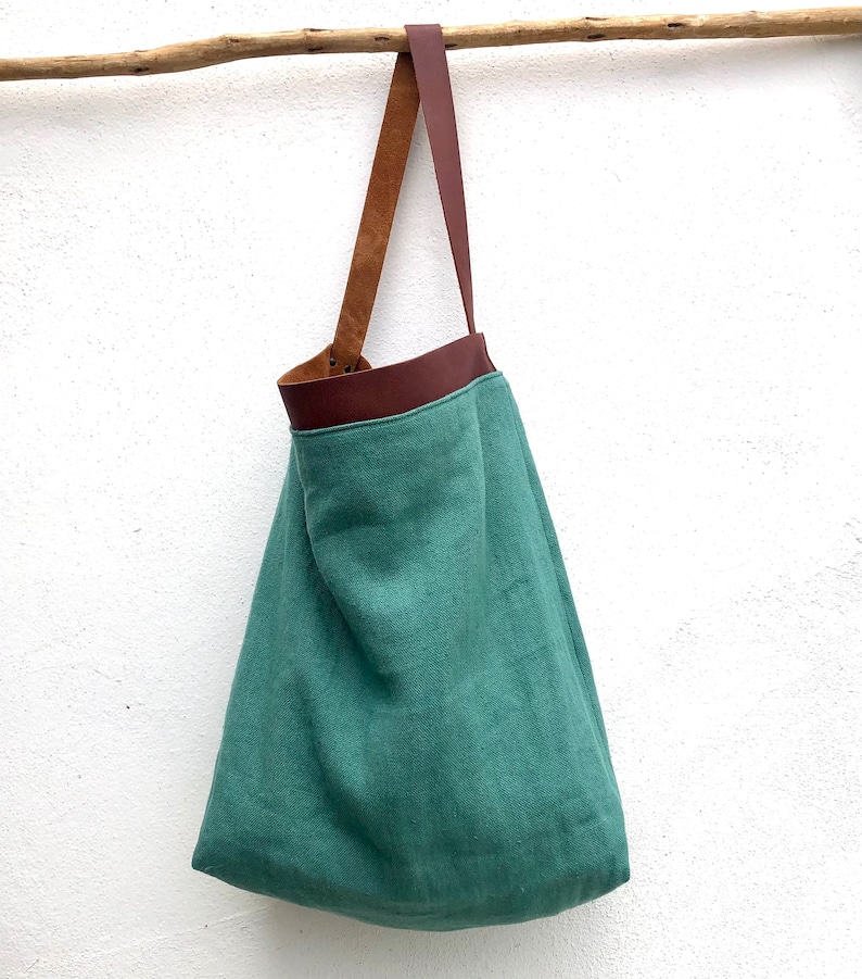 Linen bag, SALE 40% Off Tote bag, Linen and leather tote bag/ Shoulder bag/ Bolso de lino image 9
