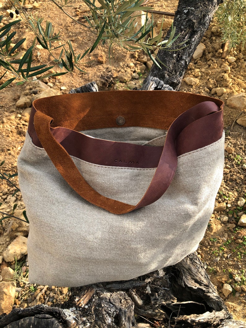 Leather Bag SALE 40 off Tote Bag Linen and Leather Tote Etsy