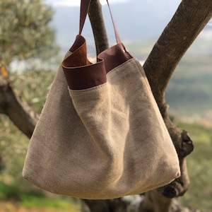 Linen bag, SALE 40% Off Tote bag, Linen and leather tote bag/ Shoulder bag/ Bolso de lino image 7