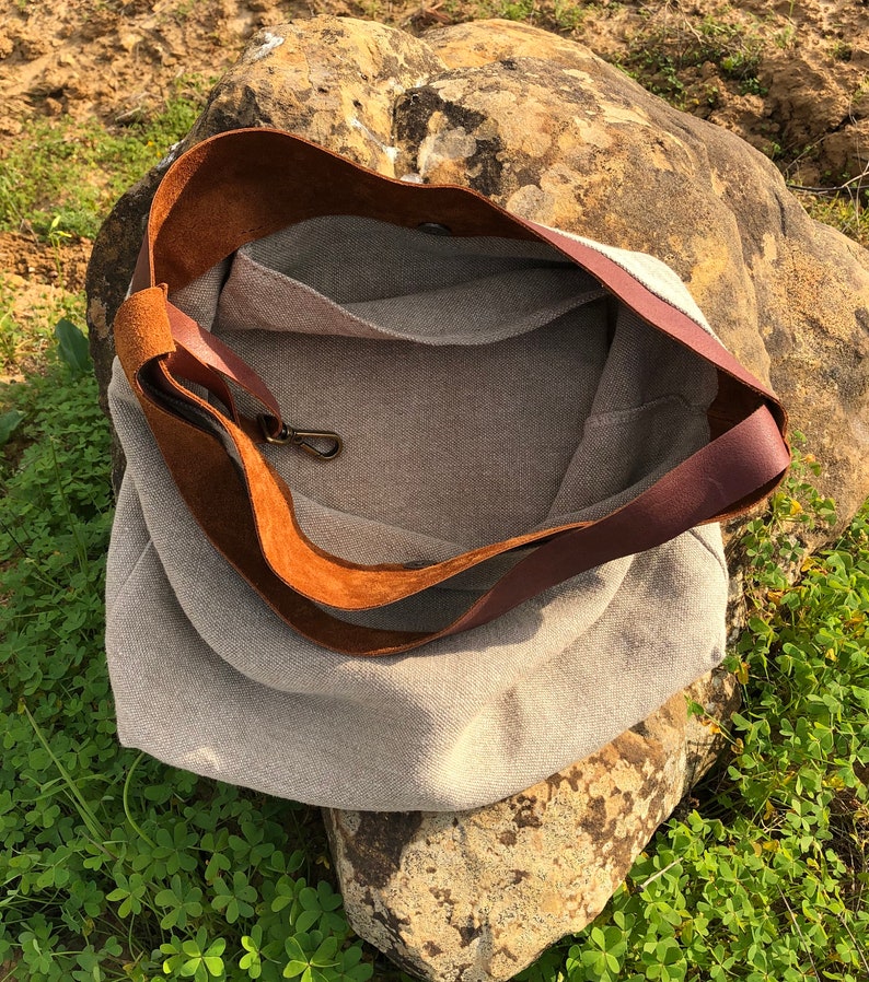 Linen bag, SALE 40% Off Tote bag, Linen and leather tote bag/ Shoulder bag/ Bolso de lino image 6