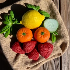 May include: A selection of fruit-shaped soaps, featuring a yellow lemon, two orange tangerines, and red strawberries, alongside green basil leaves on a tan cloth. A slice of cucumber is also visible. The arrangement is on a wooden surface.