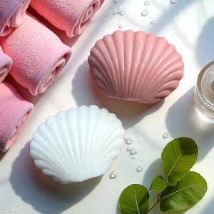 May include: Two seashell-shaped soaps, one pink and one white, are displayed on a white surface. Rolled pink towels are in the background. Green leaves and small clear droplets add to the spa-like aesthetic.