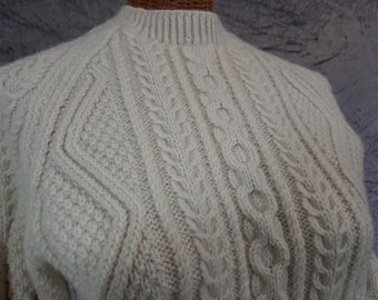Maglione dolcevita lavorato a maglia di lana vintage avorio spesso bianco naturale UK10-12