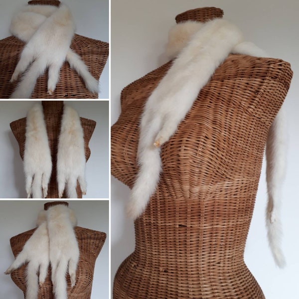 Double Stole, Real Mink Fur Tippett, Cream Ivory Blonde Scarf with 4 paws, 2 tails. Very Long, 40s Period Vintage Costume Reenactment.