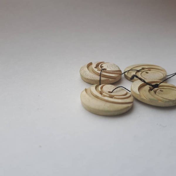 Set of 4 Small Plastic Buttons,Circle Detailed Raised Imprinted Four Holes. Ivory White Cream