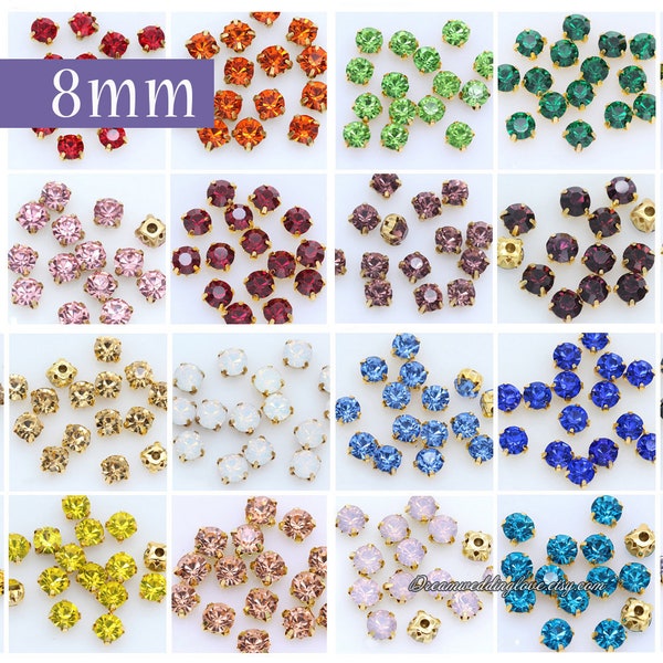 8mm Chaton montees Rhinestones  Gold set--  sew on glass Crystal beads Multicolors in Silver setting Craft Supplies