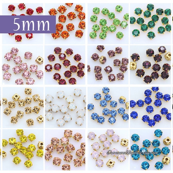 5mm Chaton montees Rhinestones  Gold set--  sew on glass Crystal beads Multicolors in Gold setting Craft Supplies