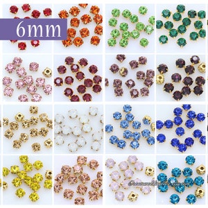 6mm Chaton montees Rhinestones Gold set--  sew on glass Crystal beads Multicolors in Gold setting Craft Supplies