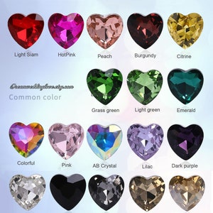 Op de afbeelding: Grafiek met 20 hartvormige kristalkleuren, waaronder Light Siam, HotPink, Peach, Burgundy, Citrine, Grasgroen, Lichtgroen, Emerald, Kleurrijk, Roze, AB Crystal, Lila, Donkerpaars, Transparant, Zwart, Transparant Zwart, Lichtbruin, Champagne, Pauwenblauw, Koninklijkblauw, Donkerblauw, Saffier en Hemelsblauw.