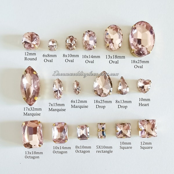 Light Pink Sew on Rhinestones Gold Setting--Light Rose Glass Teardrop Oval Octagon Marquise Square Rectangle Heart  loose crystal beadss